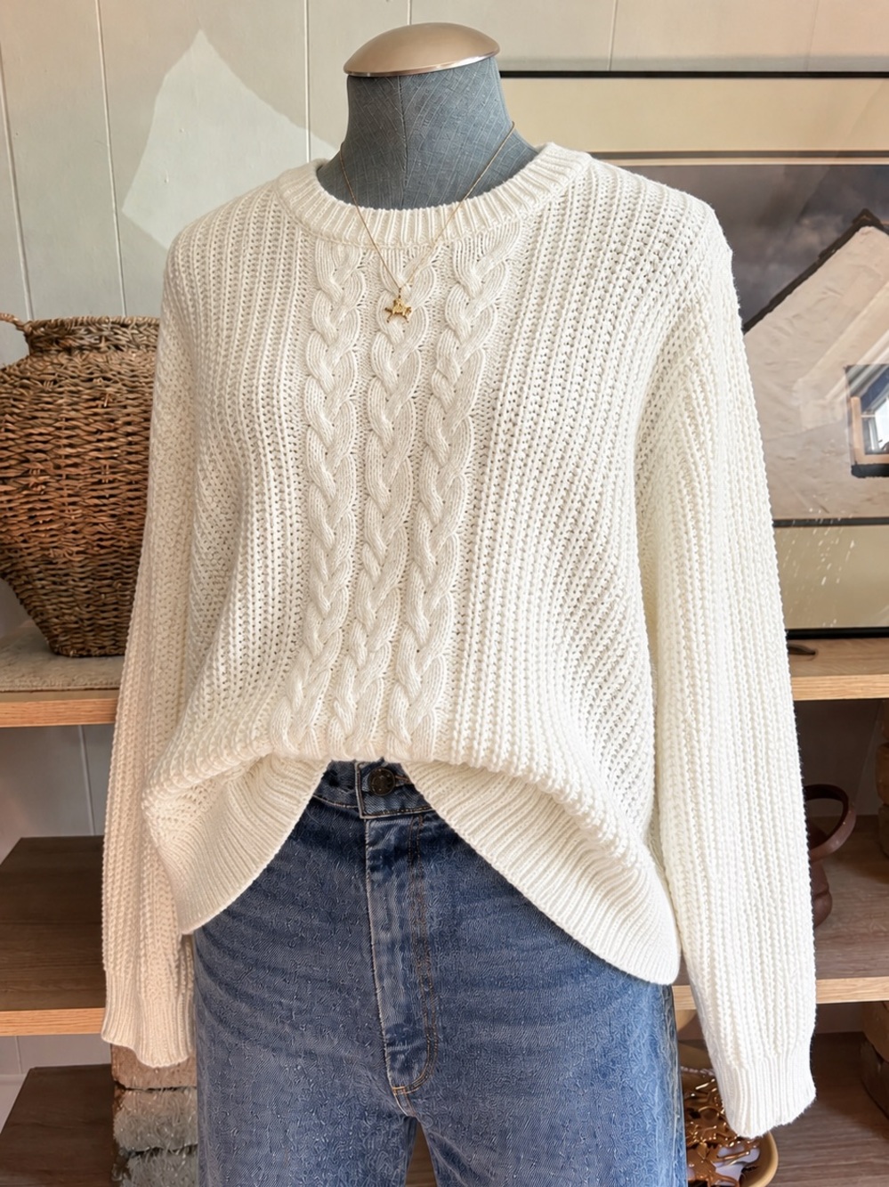Cream Cotton Blend Cable-Knit Women’s Sweater